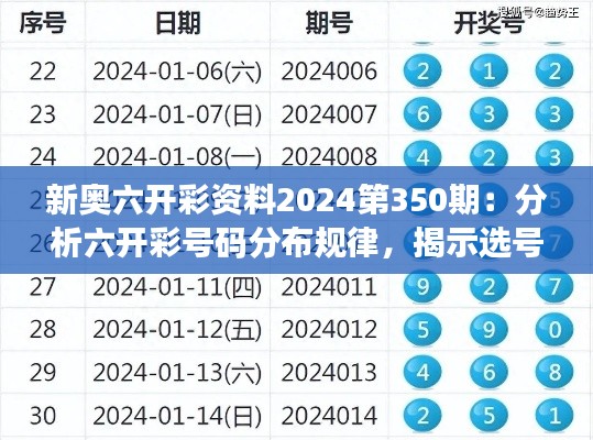 新奧六開彩資料2024第350期：分析六開彩號(hào)碼分布規(guī)律，揭示選號(hào)奧秘